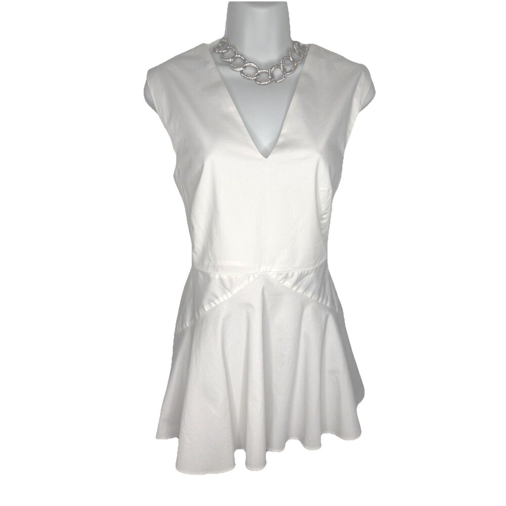 Sportmax Crisp White Cotton V Neck Peplum Structured Seams Fitted Top M 10